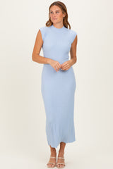 Sky Blue Ribbed Knit Mock Neck Maternity Maxi Dress