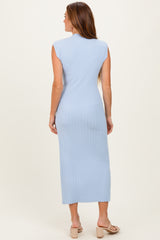 Sky Blue Ribbed Knit Mock Neck Maxi Dress