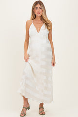 Cream Satin Plisse V-Neck Maternity Maxi Dress