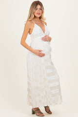 Cream Satin Plisse V-Neck Maternity Maxi Dress