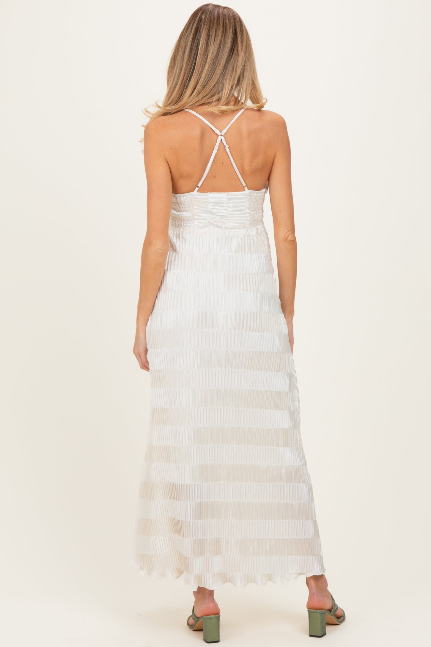Cream Satin Plisse V-Neck Maternity Maxi Dress