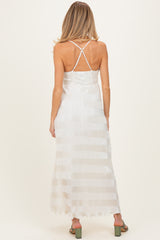 Cream Satin Plisse V-Neck Maternity Maxi Dress
