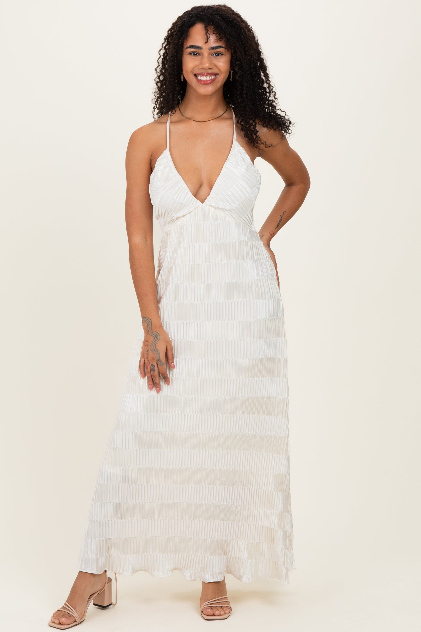Cream Satin Plisse V-Neck Maxi Dress