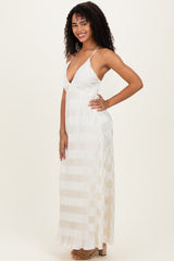 Cream Satin Plisse V-Neck Maxi Dress