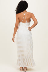 Cream Satin Plisse V-Neck Maxi Dress