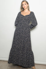 Black Floral Button Accent Long Sleeve Maxi Dress