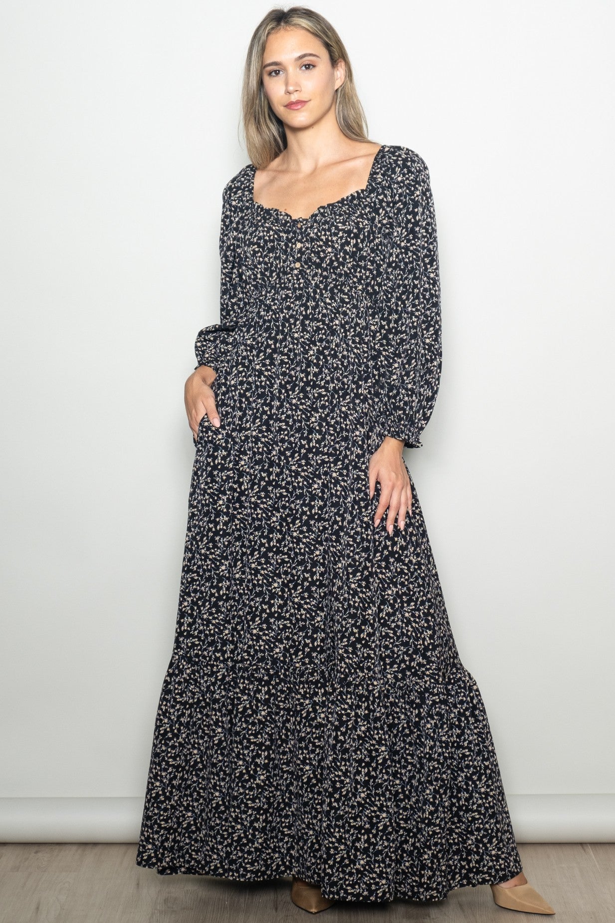 Black Floral Button Accent Long Sleeve Maternity Maxi Dress