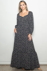 Black Floral Button Accent Long Sleeve Maternity Maxi Dress