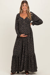Black Floral Button Accent Long Sleeve Maternity Maxi Dress