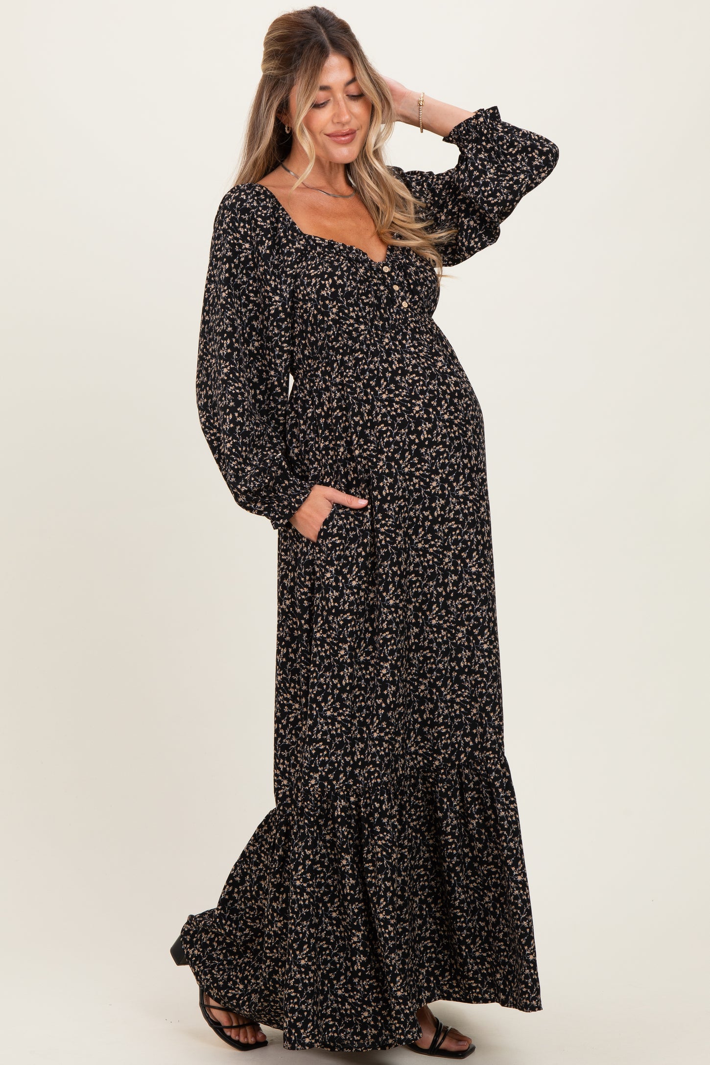 Black Floral Button Accent Long Sleeve Maternity Maxi Dress