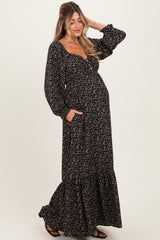 Black Floral Button Accent Long Sleeve Maternity Maxi Dress
