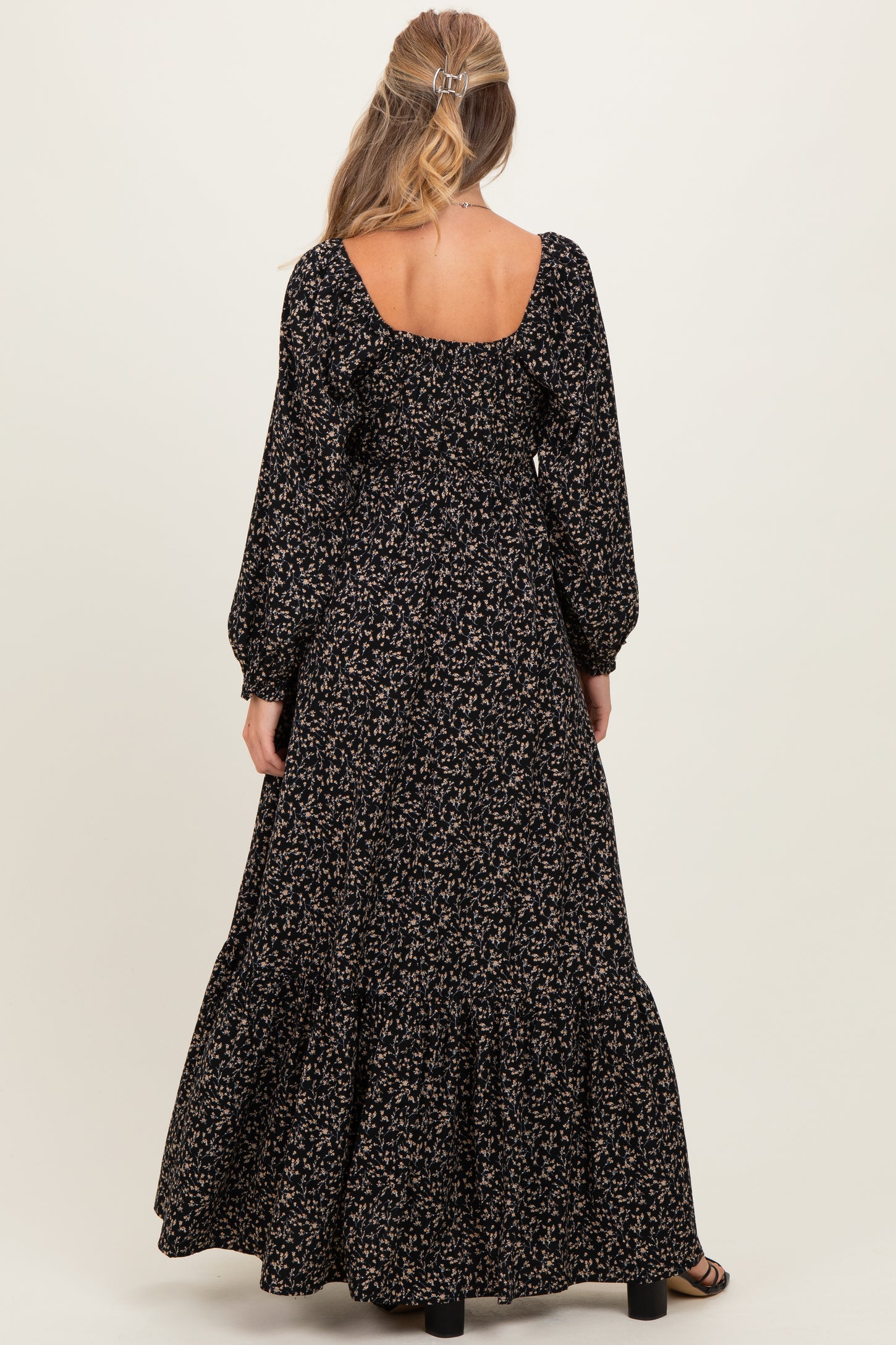 Black Floral Button Accent Long Sleeve Maternity Maxi Dress