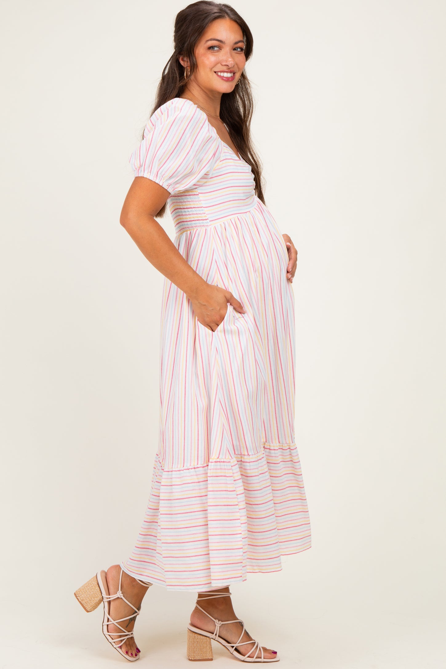 Fuchsia Stripe Sweetheart Neckline Maternity Midi Dress