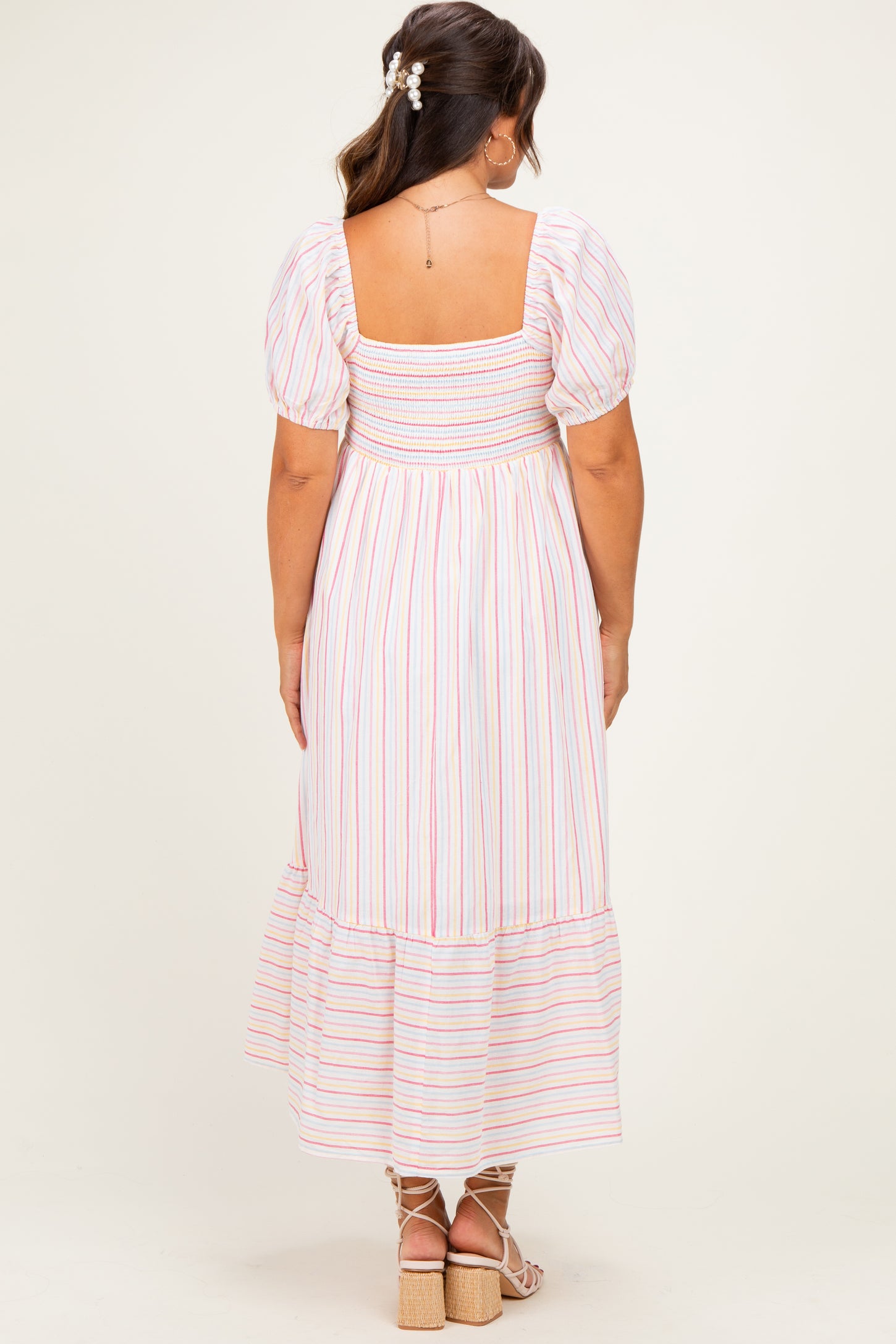 Fuchsia Stripe Sweetheart Neckline Maternity Midi Dress