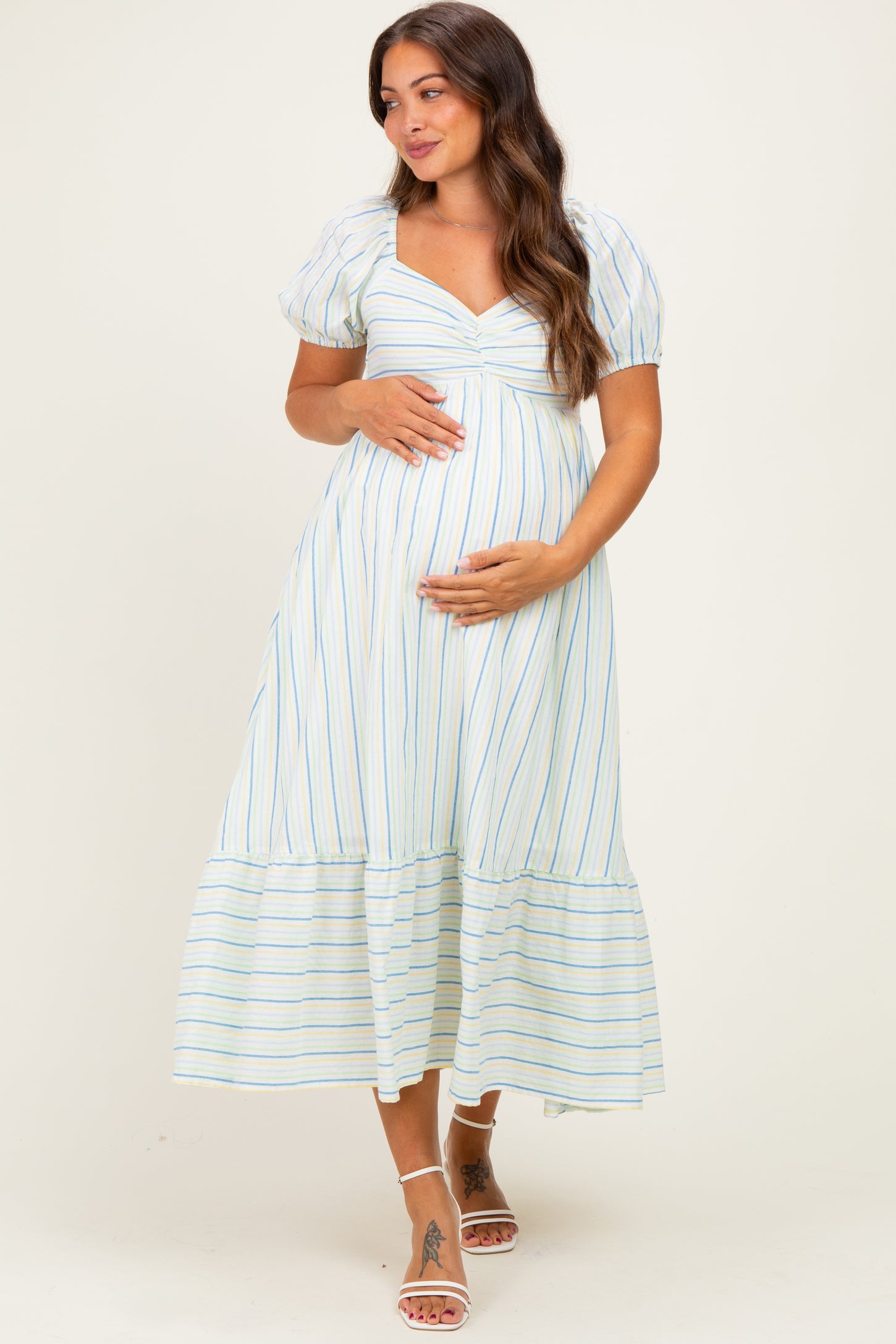 Lime Stripe Sweetheart Neckline Maternity Midi Dress