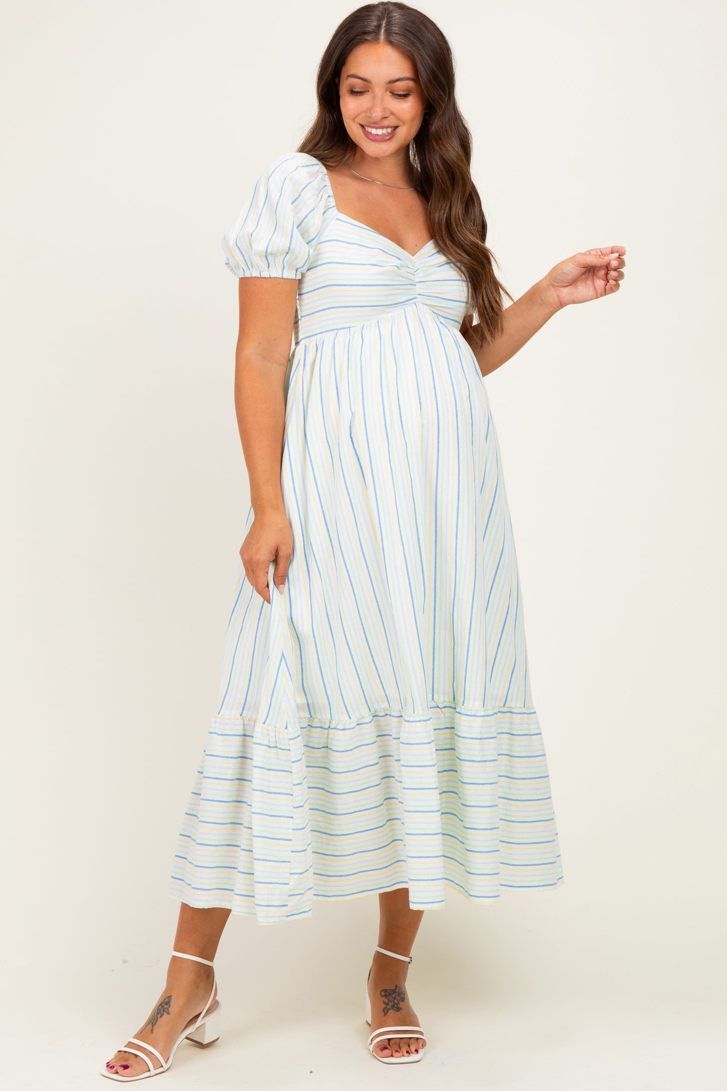 Lime Stripe Sweetheart Neckline Maternity Midi Dress
