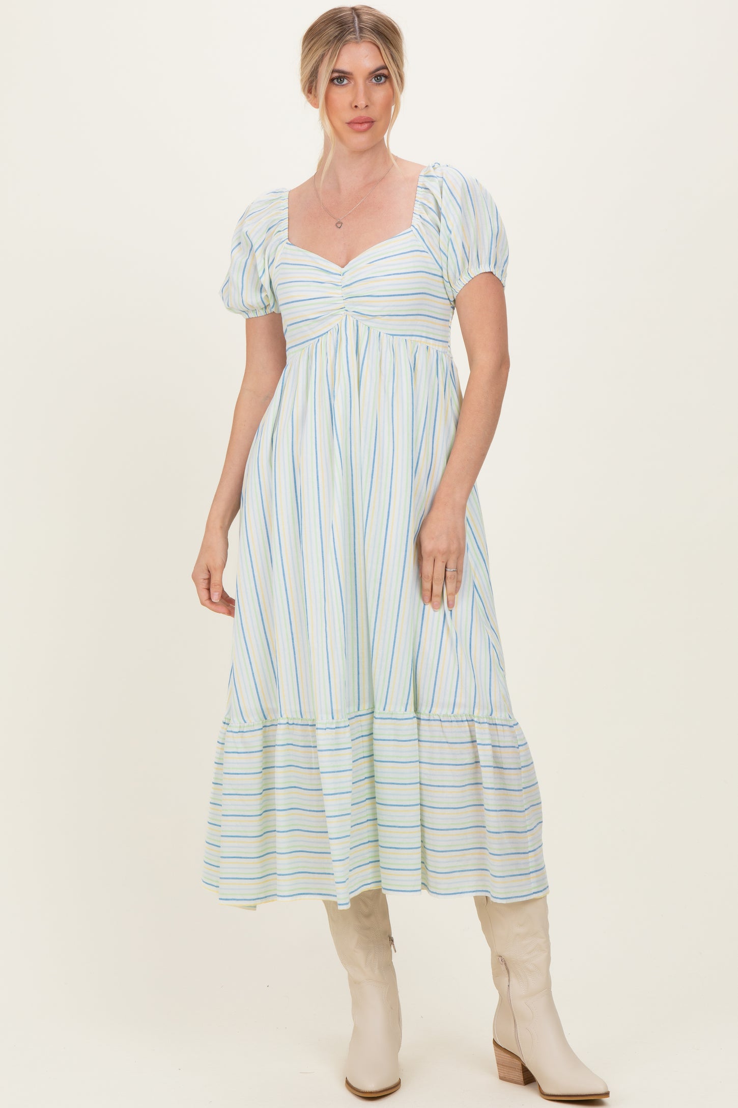 Lime Stripe Sweetheart Neckline Midi Dress
