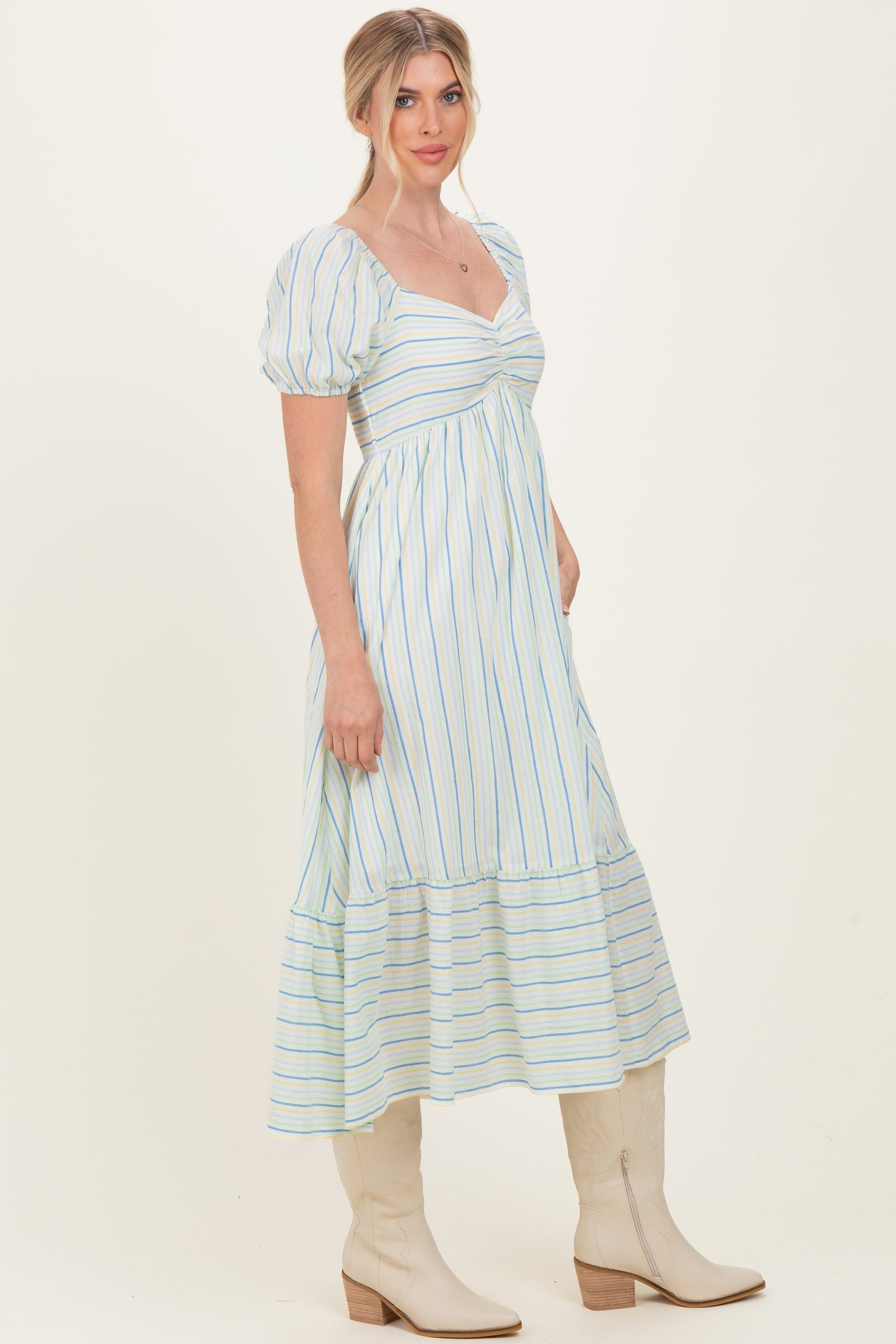 Lime Stripe Sweetheart Neckline Midi Dress