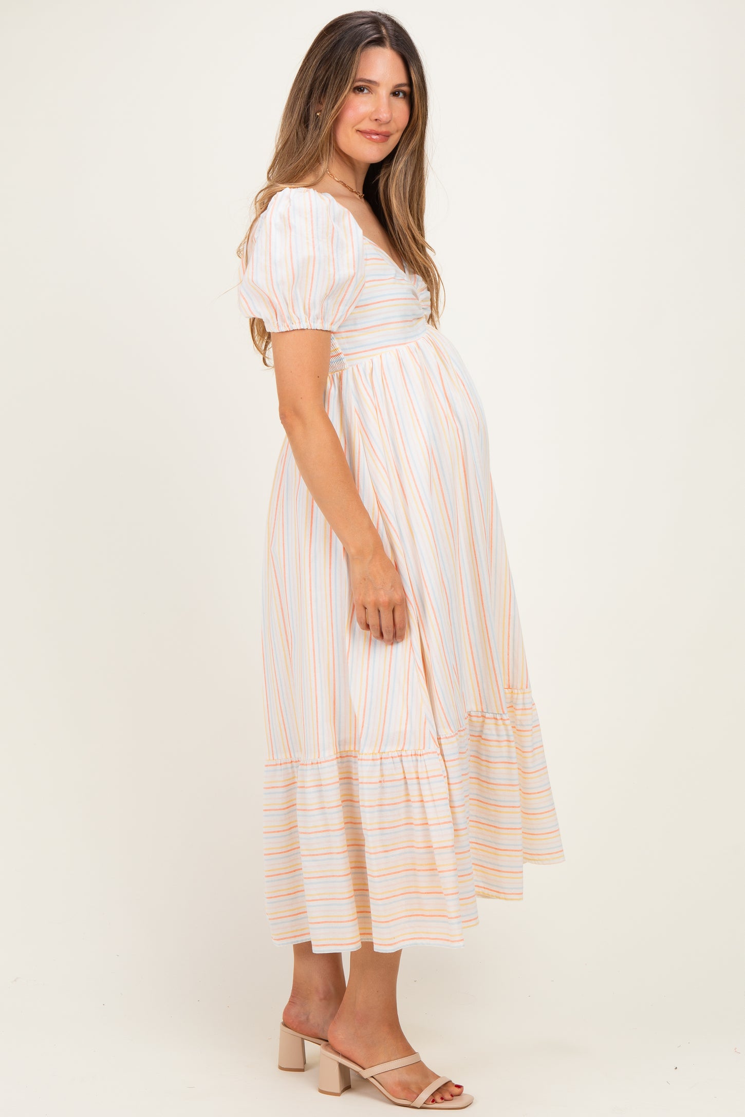Orange Stripe Sweetheart Neckline Maternity Midi Dress