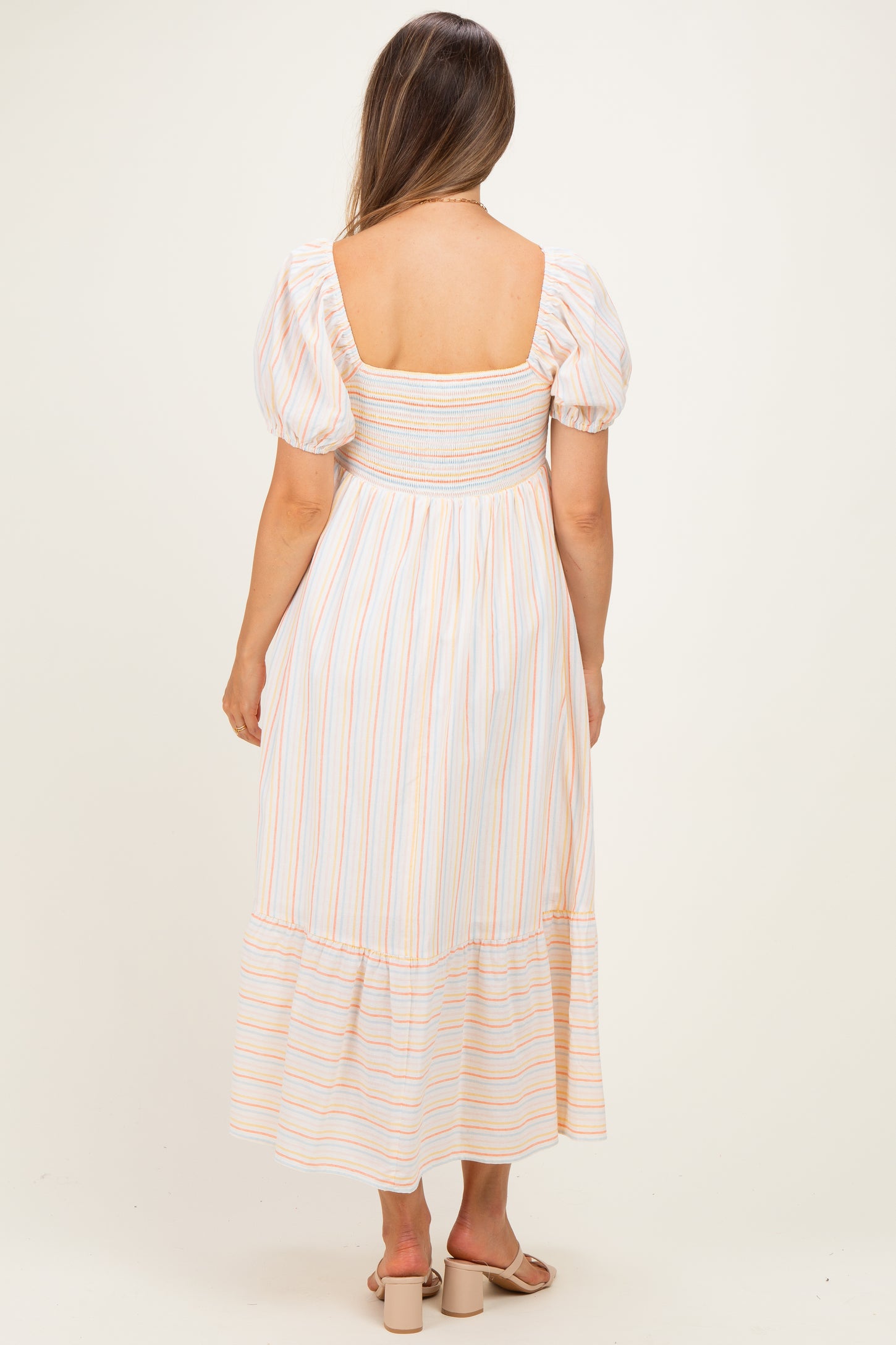 Orange Stripe Sweetheart Neckline Maternity Midi Dress