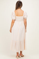 Orange Stripe Sweetheart Neckline Maternity Midi Dress