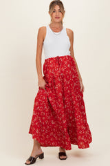 Red Floral Tiered Maternity Maxi Skirt