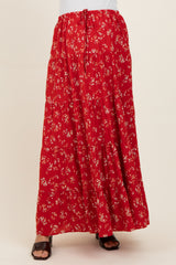 Red Floral Tiered Maternity Maxi Skirt