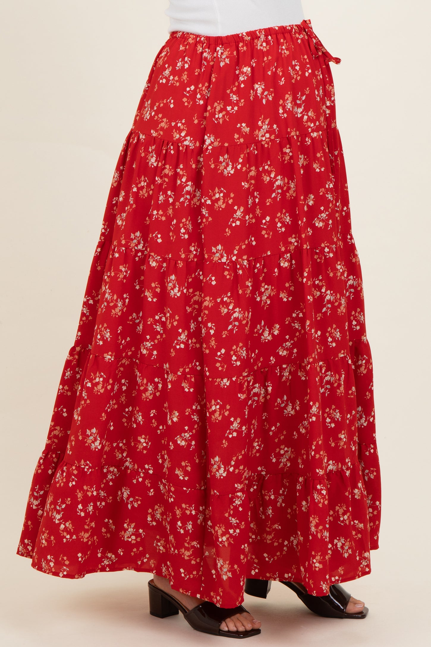 Red Floral Tiered Maternity Maxi Skirt