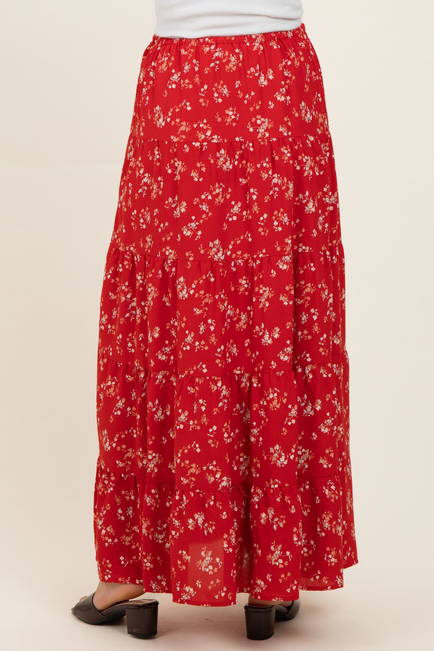 Red Floral Tiered Maternity Maxi Skirt