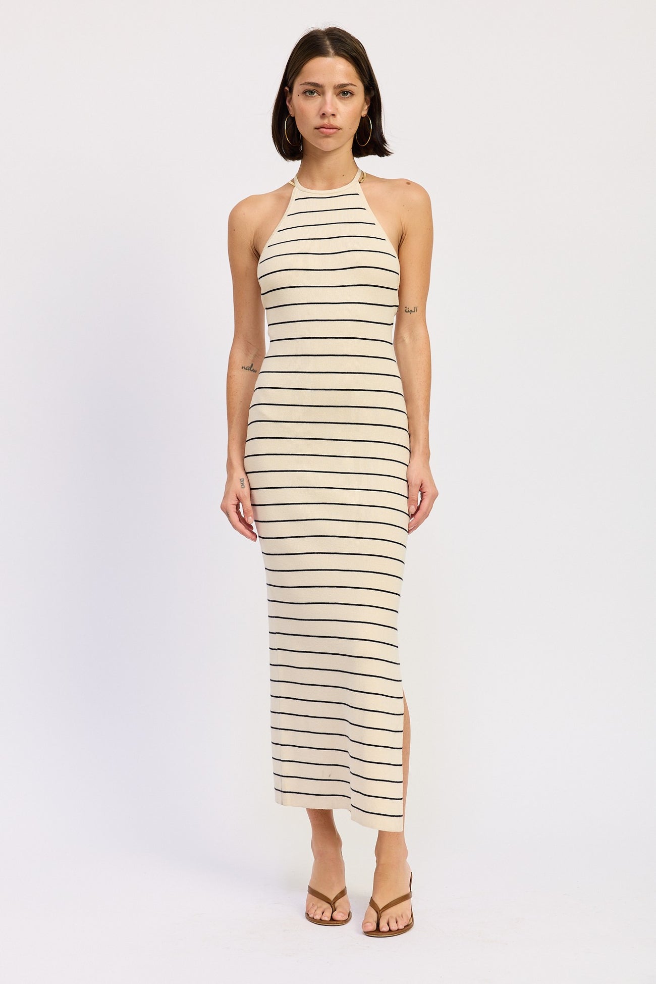 Cream Striped Halter Open Back Maternity Midi Dress