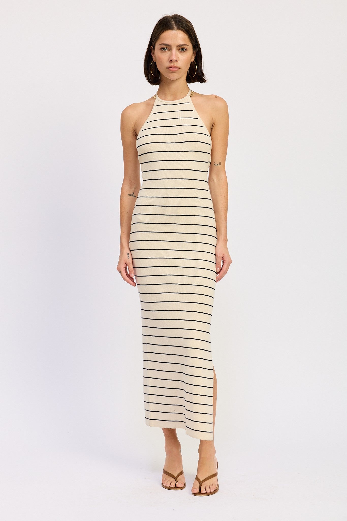 Cream Striped Halter Open Back Maternity Midi Dress