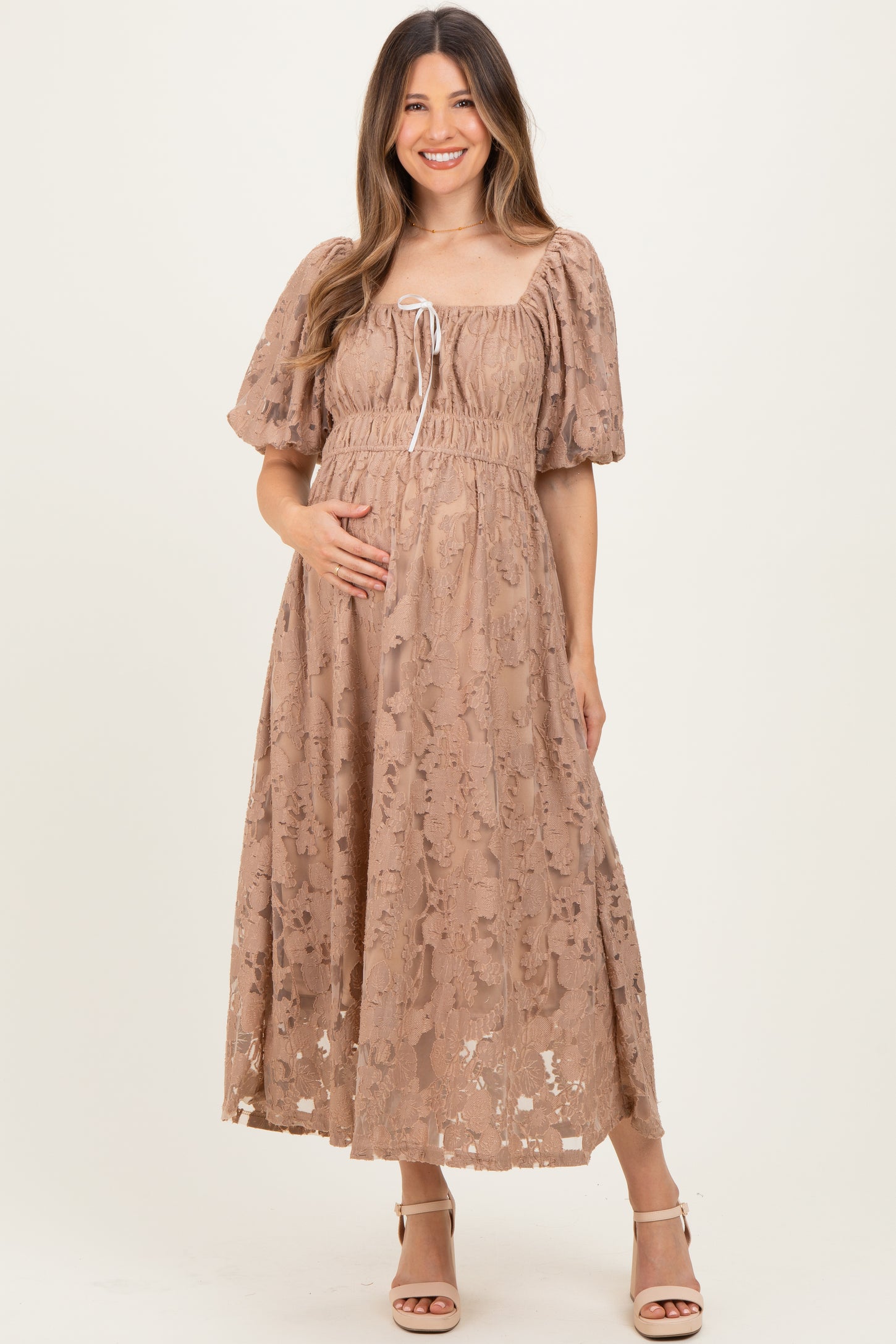 Mocha Lace Puff Sleeve Maternity Midi Dress