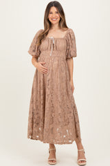 Mocha Lace Puff Sleeve Maternity Midi Dress
