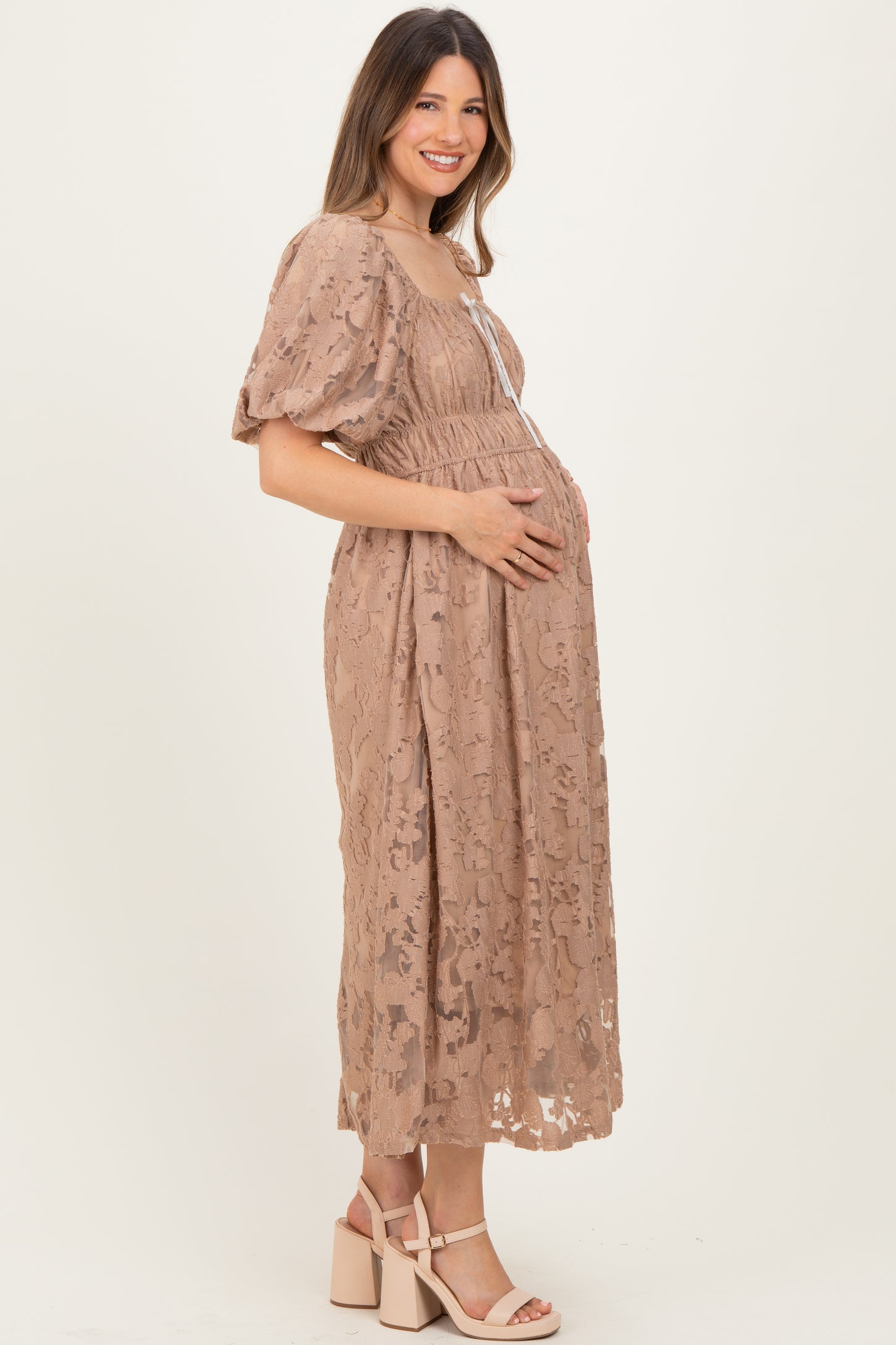 Mocha Lace Puff Sleeve Maternity Midi Dress