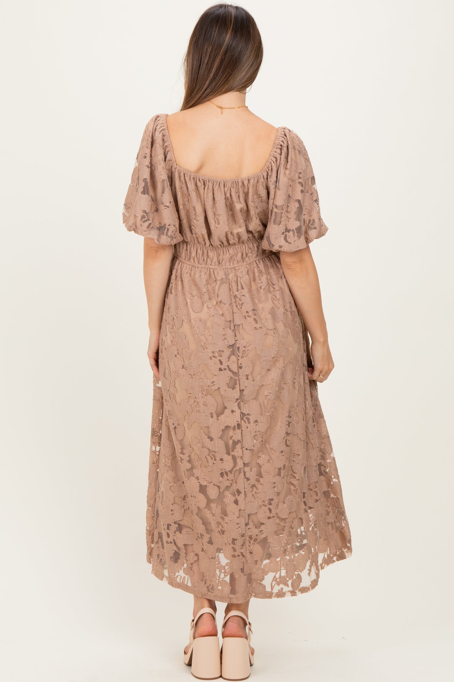 Mocha Lace Puff Sleeve Maternity Midi Dress