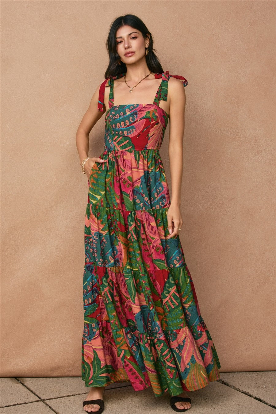 Green Printed Shoulder Tie Tiered Maternity Maxi Dress