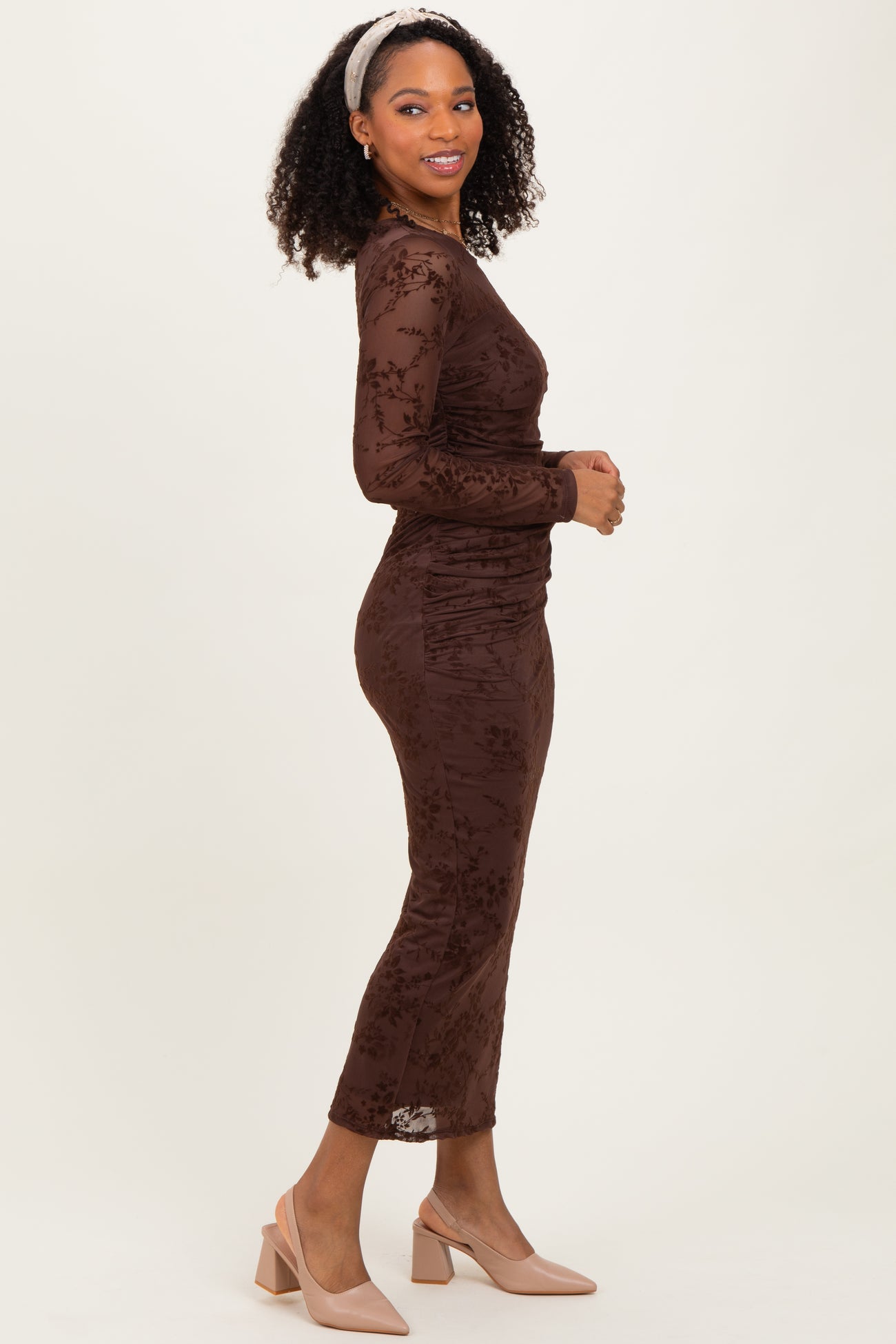 Brown Floral Flocked Mesh Long Sleeve Midi Dress