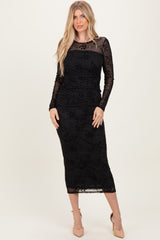 Black Floral Flocked Mesh Long Sleeve Maternity Midi Dress
