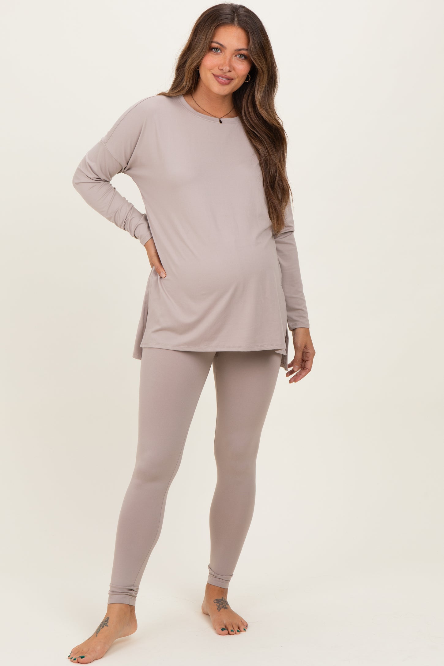 Light Mocha Brushed Knit Oversized Top and Legging Maternity Set