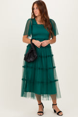 Emerald Green Ruffled Mesh Maternity Maxi Dress