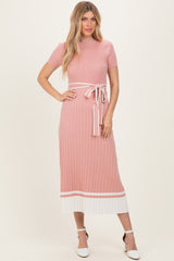 Mauve Knit Pleated Sash Tie Maternity Midi Dress