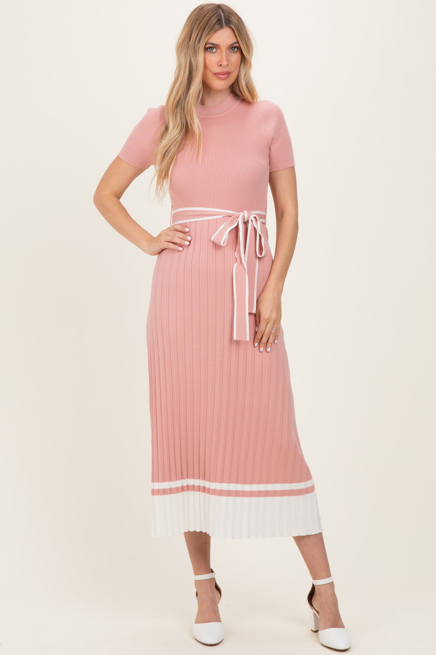 Mauve Knit Pleated Sash Tie Midi Dress