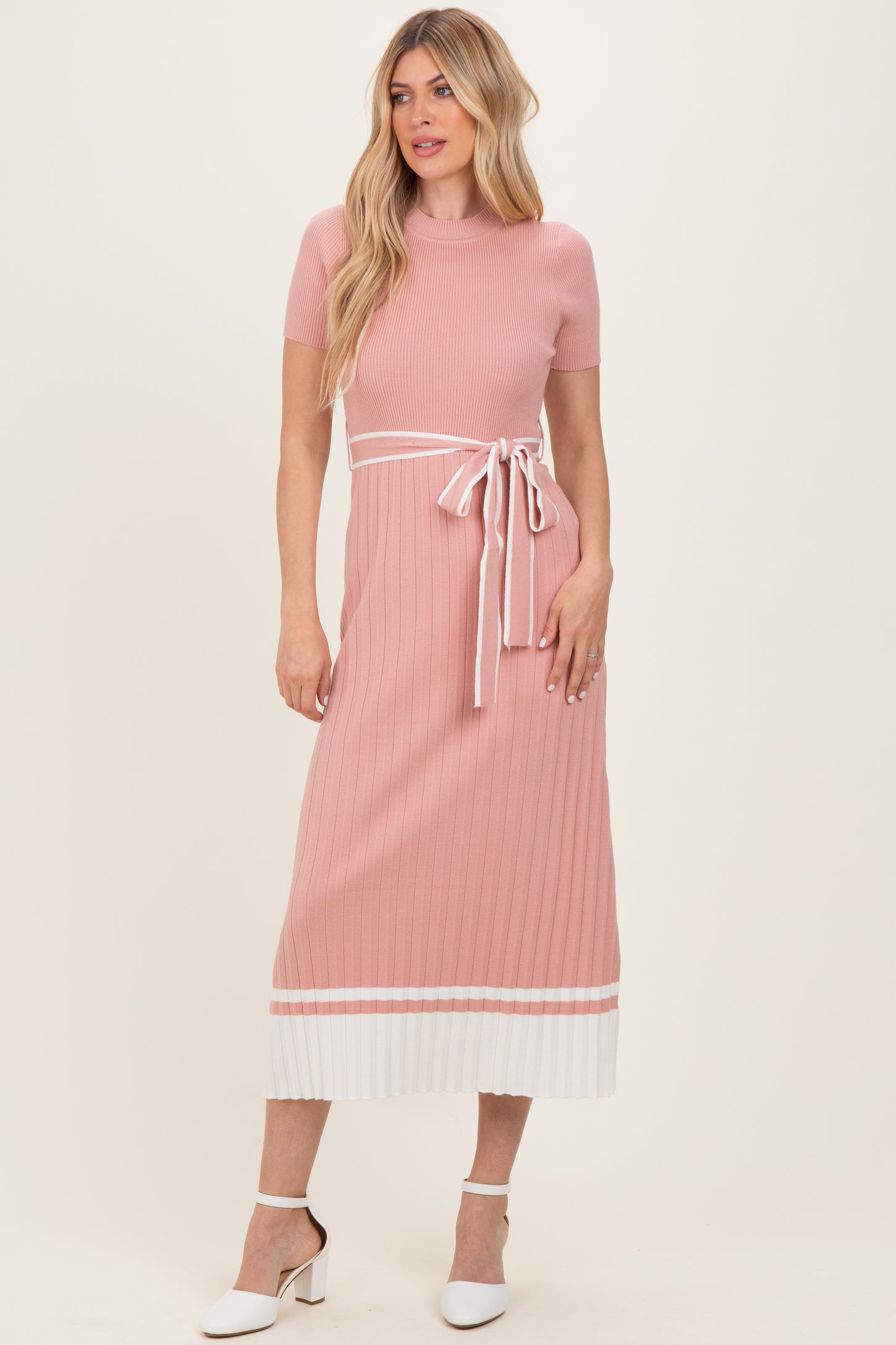 Mauve Knit Pleated Sash Tie Midi Dress