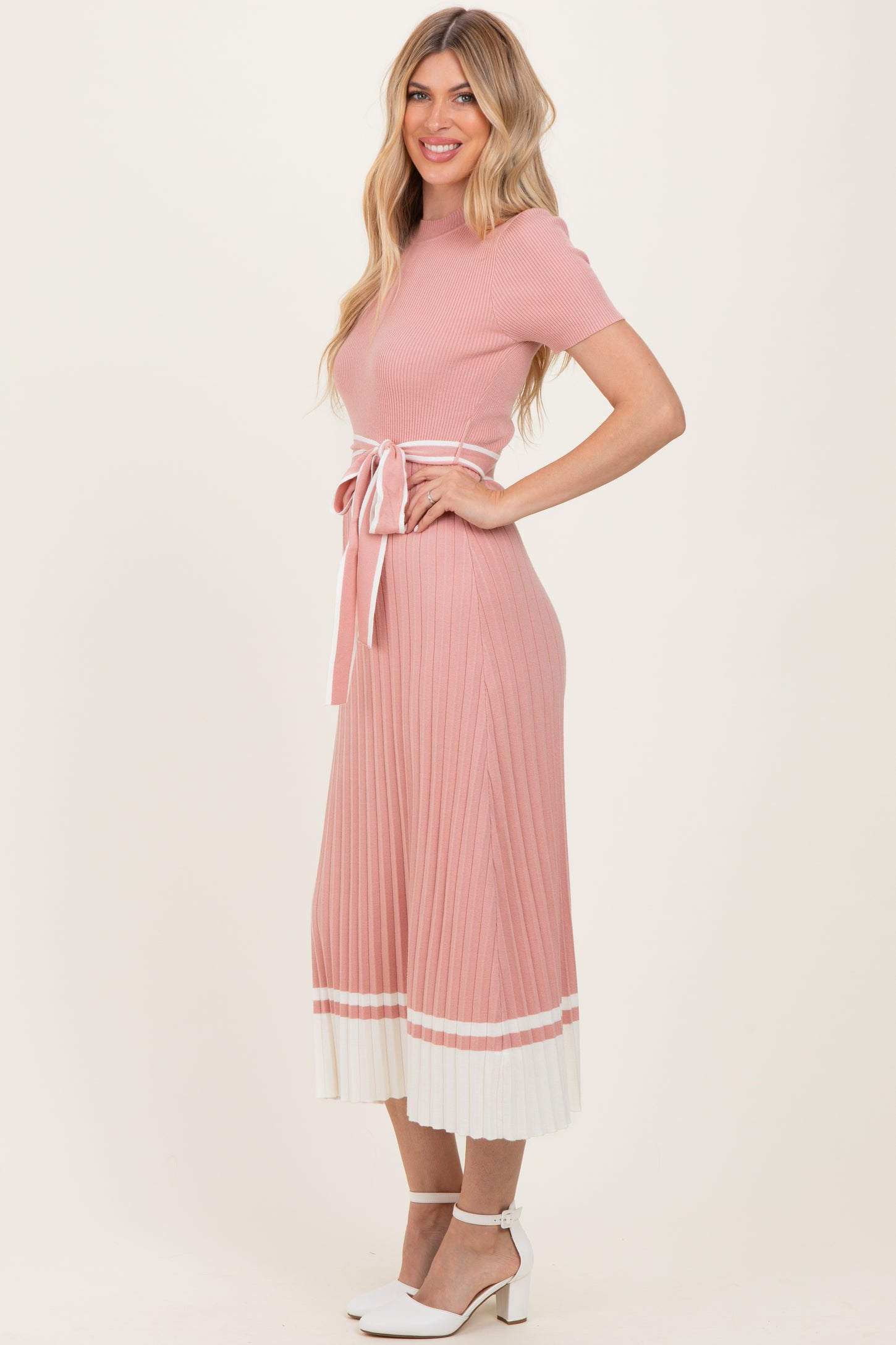 Mauve Knit Pleated Sash Tie Midi Dress