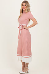 Mauve Knit Pleated Sash Tie Midi Dress