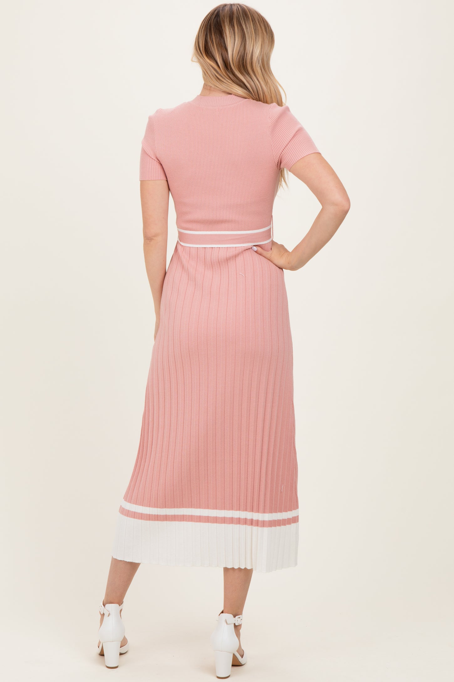 Mauve Knit Pleated Sash Tie Midi Dress