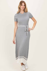Heather Grey Knit Pleated Sash Tie Maternity Midi Dress