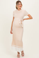 Beige Knit Pleated Sash Tie Maternity Midi Dress
