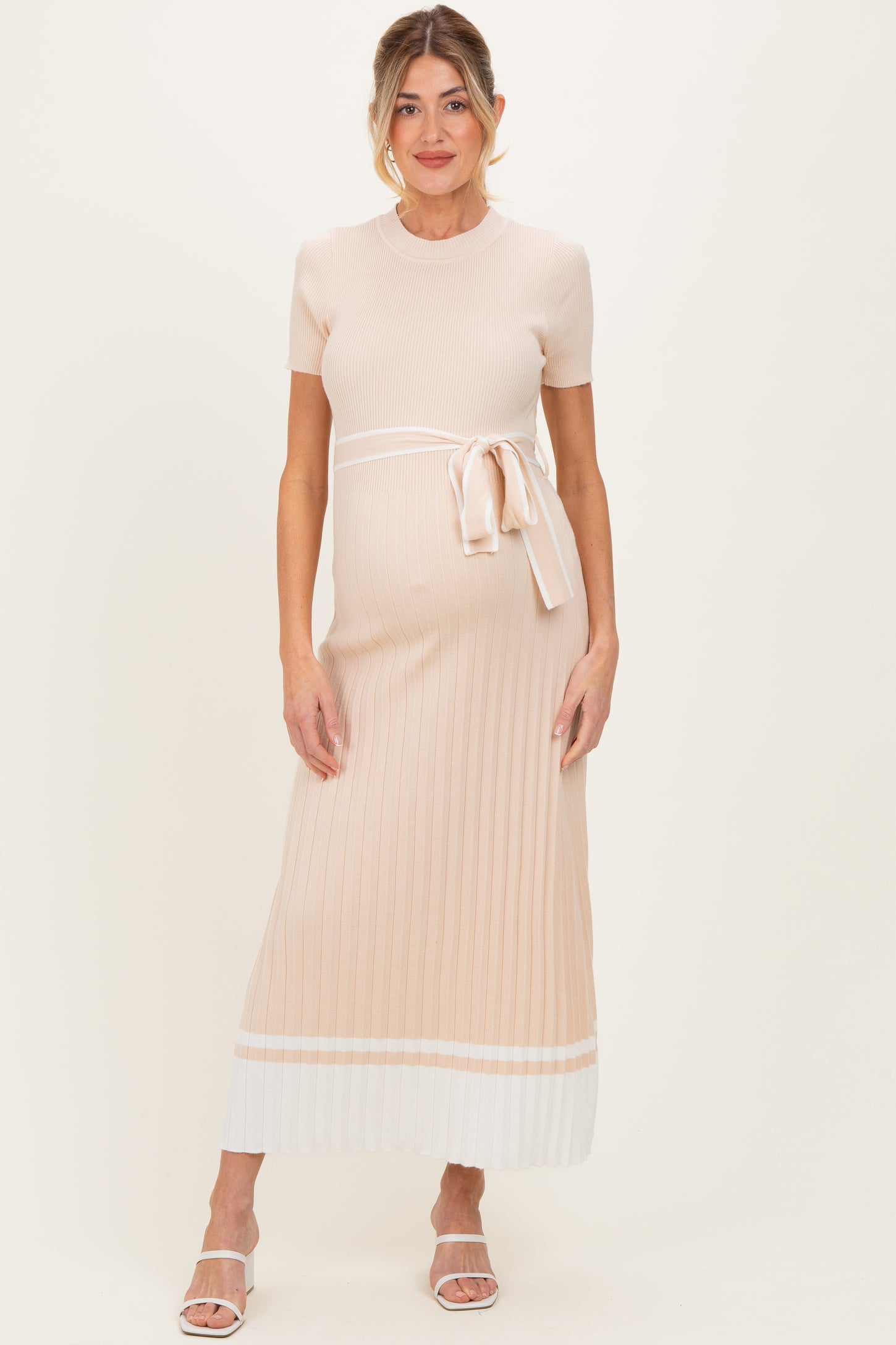 Beige Knit Pleated Sash Tie Maternity Midi Dress