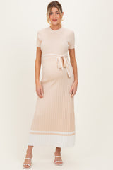Beige Knit Pleated Sash Tie Maternity Midi Dress
